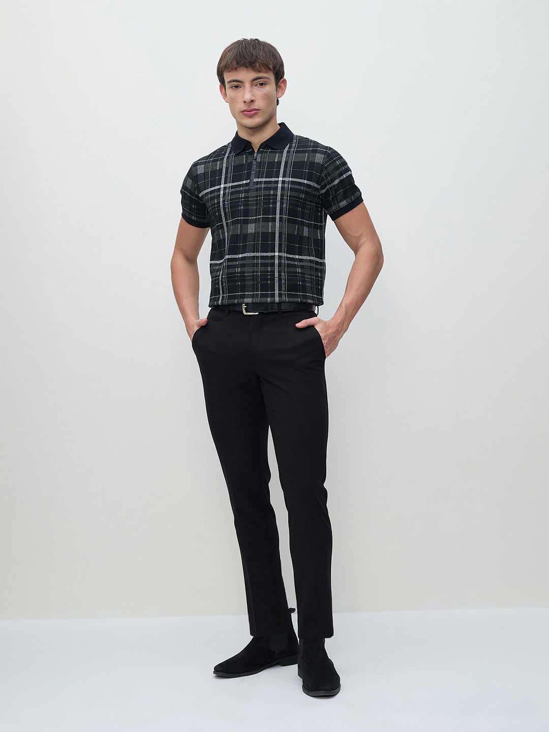 ICONIC Men Black Check Regular Fit Polo T-Shirt
