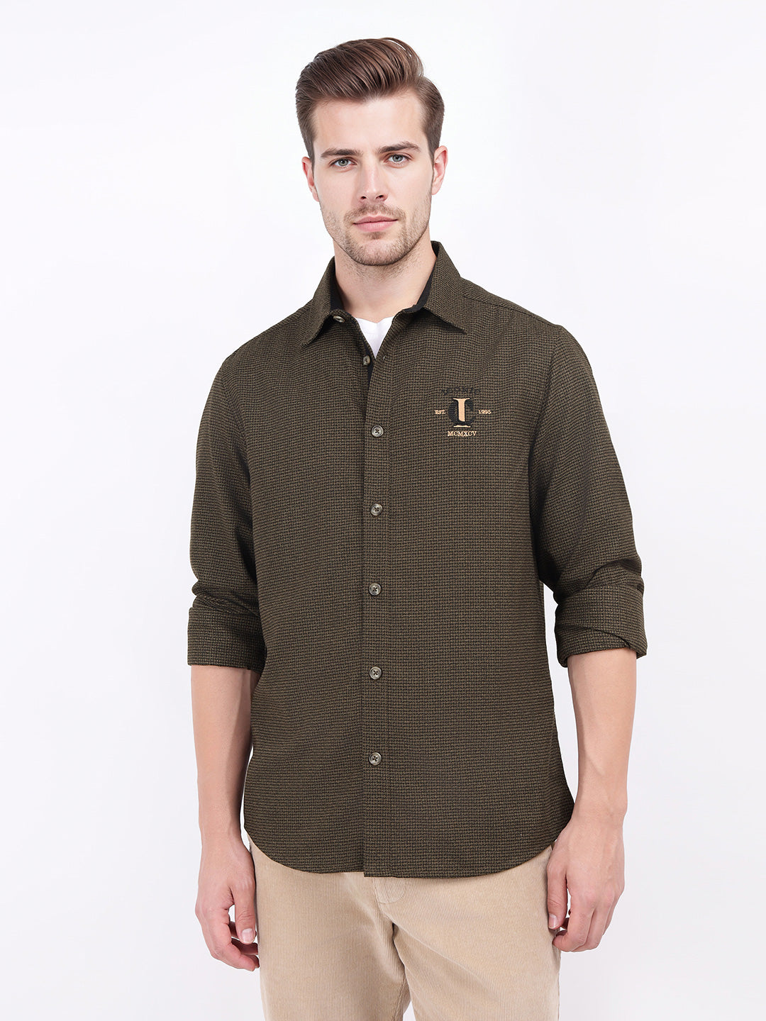 Iconic Men Brown Tweed Collar Shirt