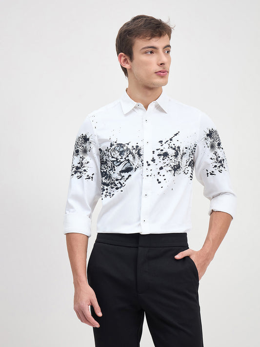 Iconic Men Regular Fit White Floral Pure Cotton Satin Shirt