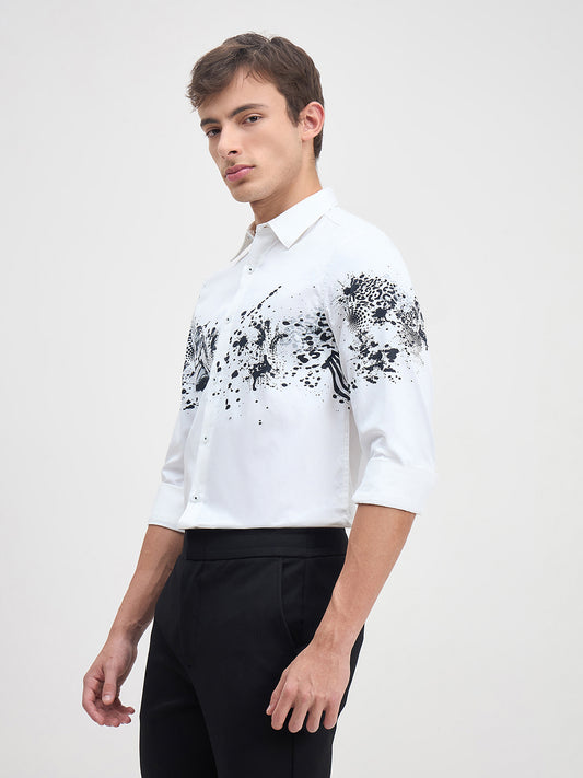 Iconic Men Regular Fit White Floral Pure Cotton Satin Shirt