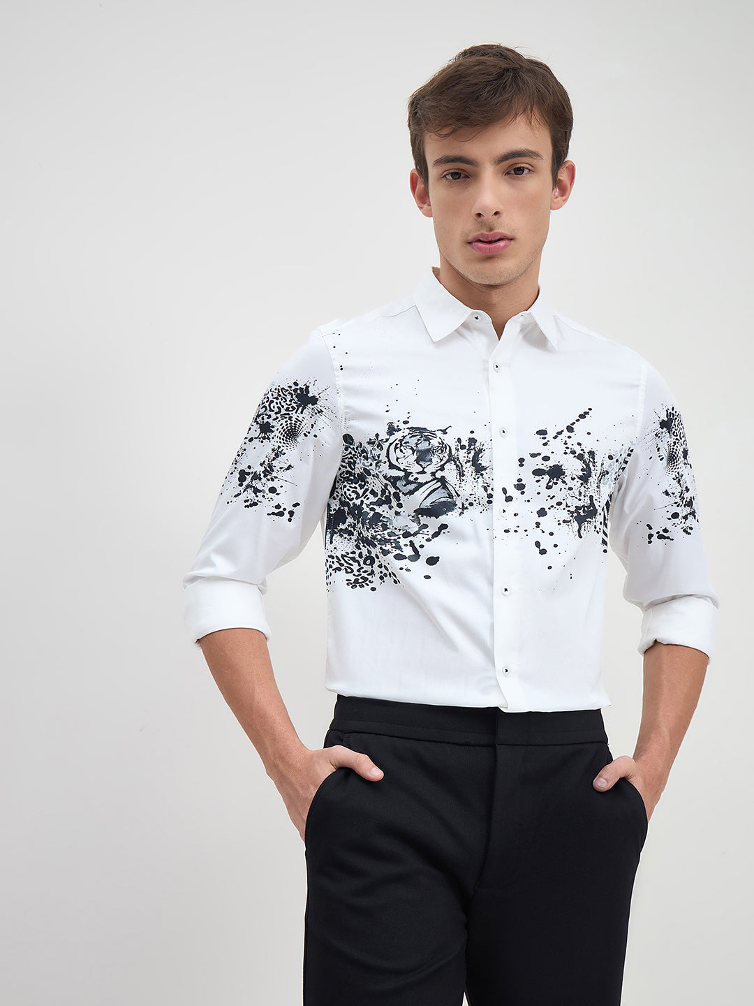 Iconic Men Regular Fit White Floral Pure Cotton Satin Shirt