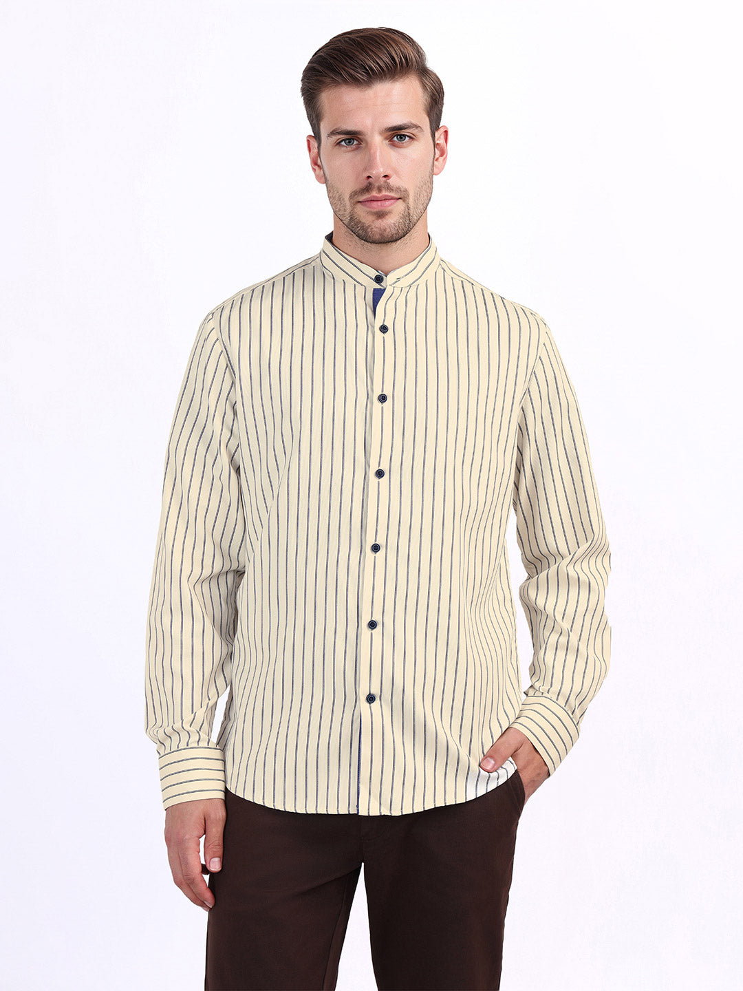 Iconic Men Beige Striped Band Collar Shirt