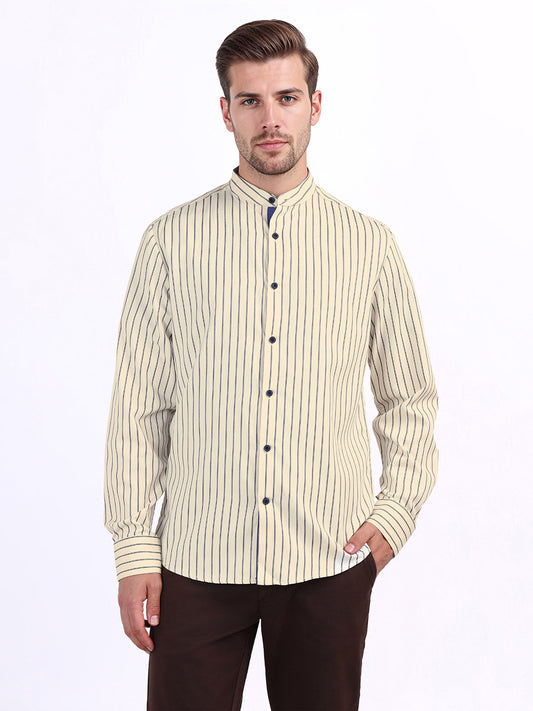 Iconic Men Beige Striped Band Collar Shirt