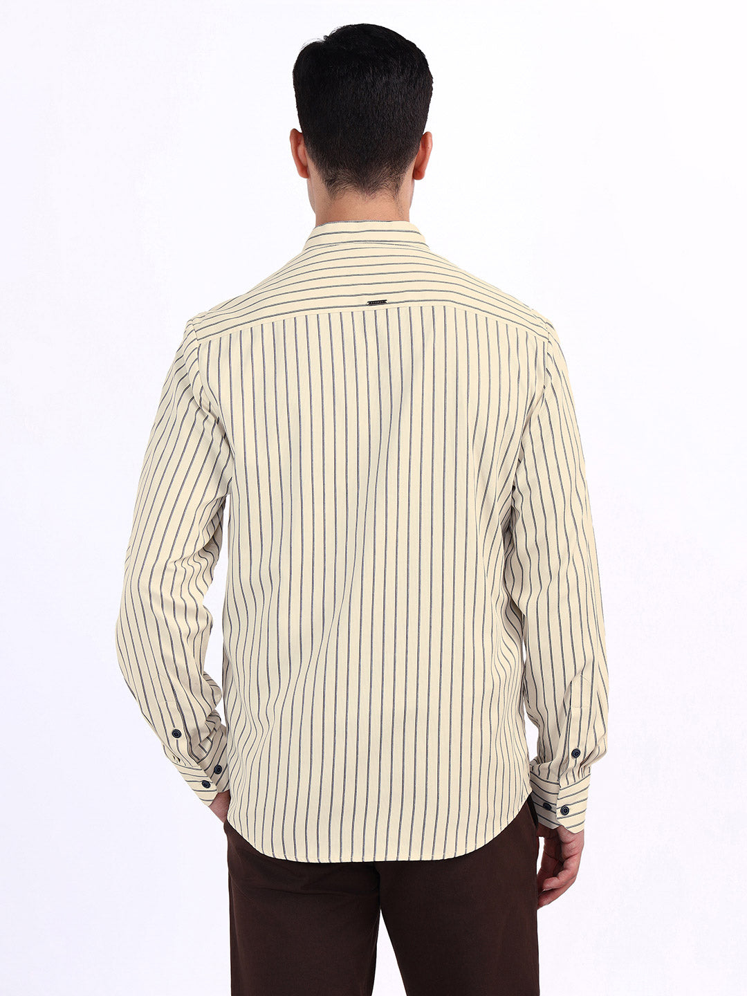 Iconic Men Beige Striped Band Collar Shirt