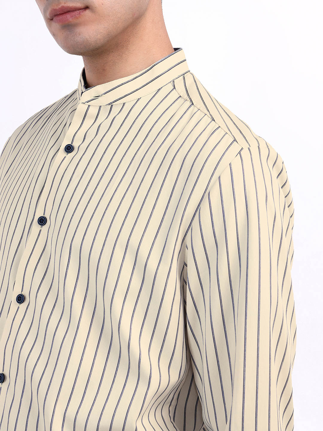 Iconic Men Beige Striped Band Collar Shirt