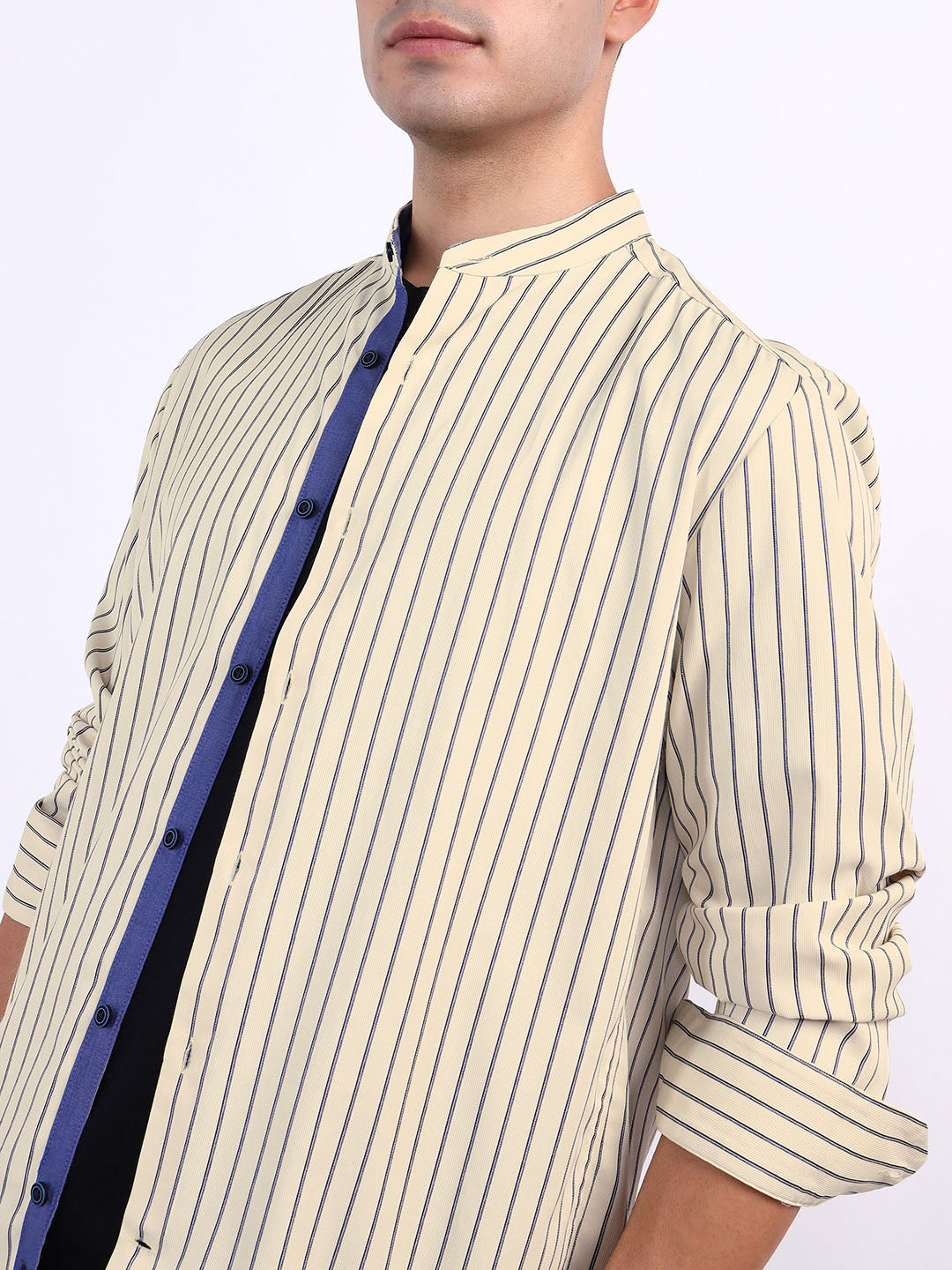 Iconic Men Beige Striped Band Collar Shirt