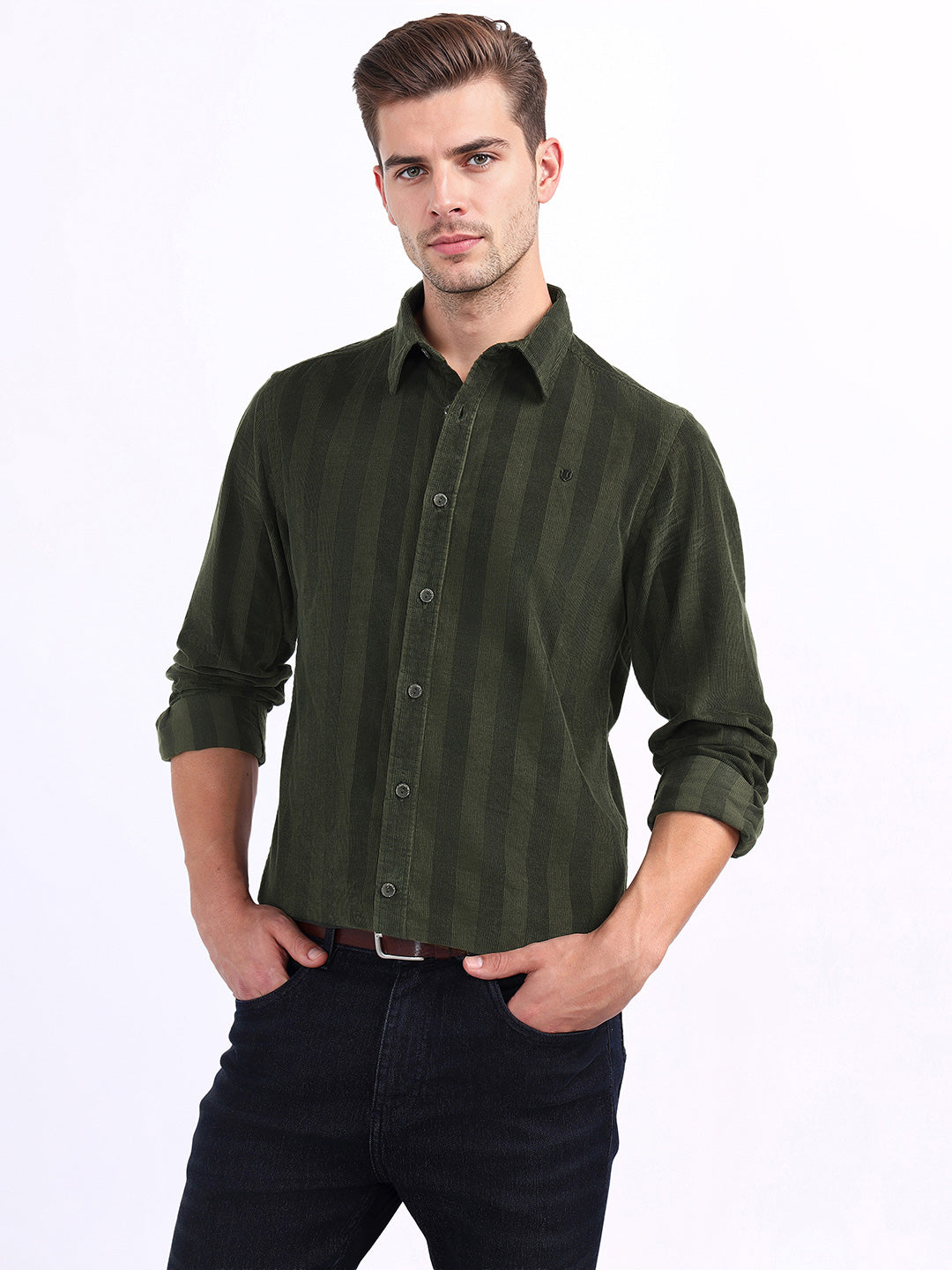 Iconic Men Green Striped Collar Shirt