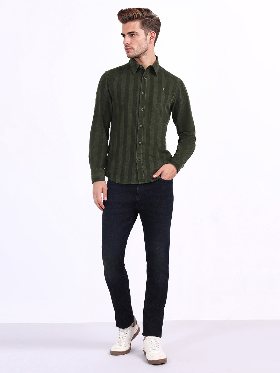 Iconic Men Green Striped Collar Shirt