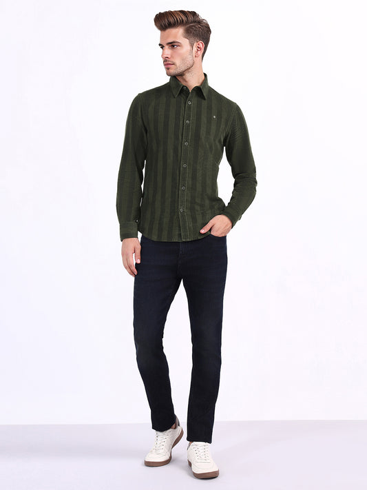 Iconic Men Green Striped Collar Shirt