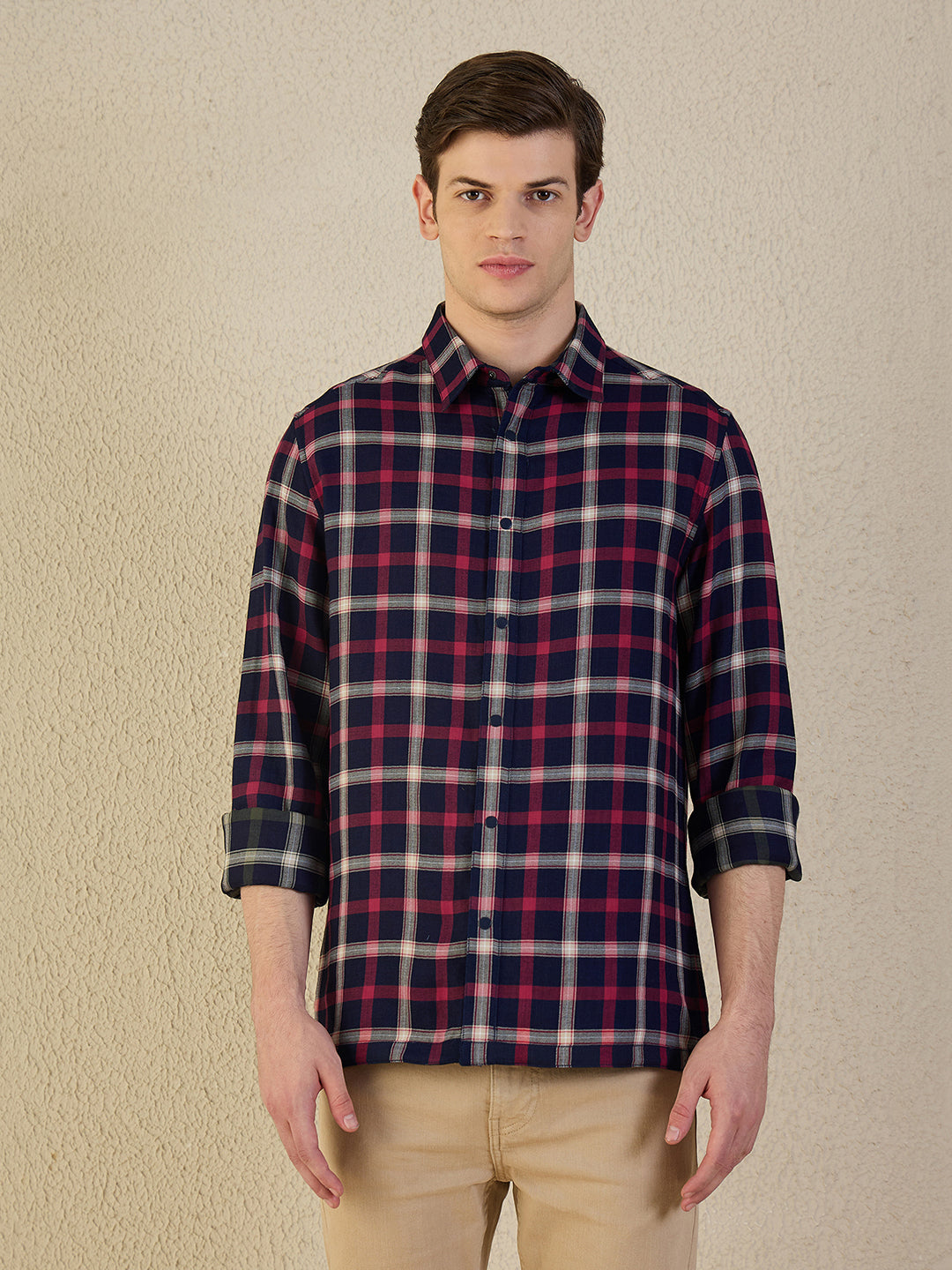 Iconic Men Navy Blue Check Pure Cotton Collared Shirt