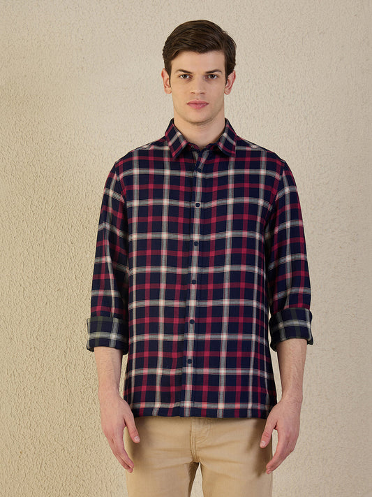 Iconic Men Navy Blue Check Pure Cotton Collared Shirt