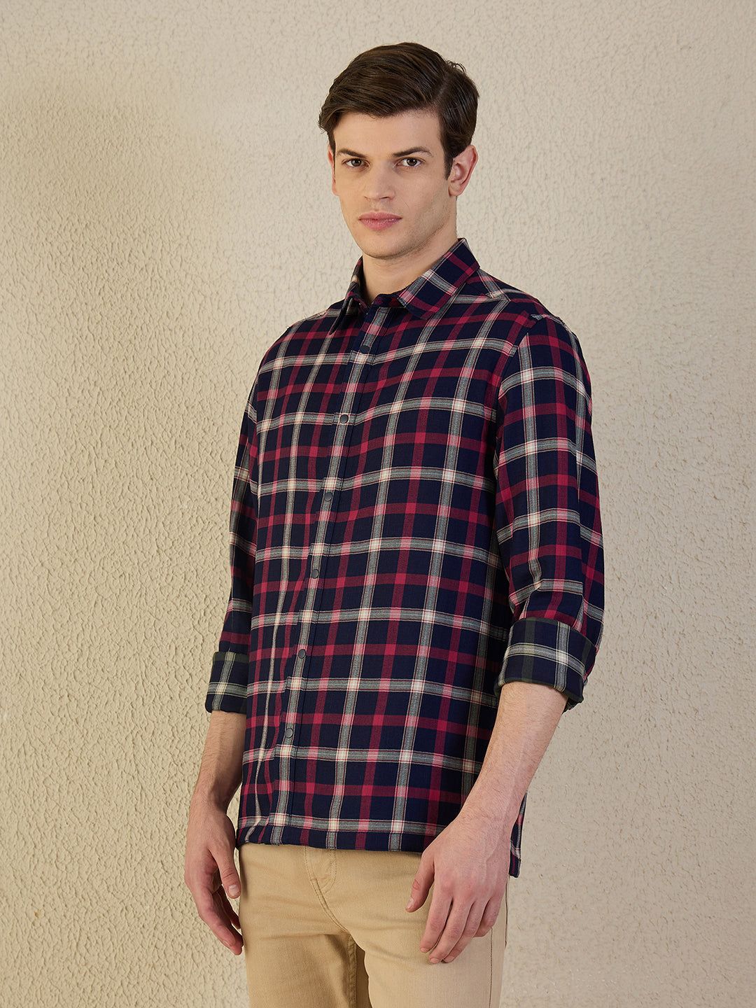 Iconic Men Navy Blue Check Pure Cotton Collared Shirt