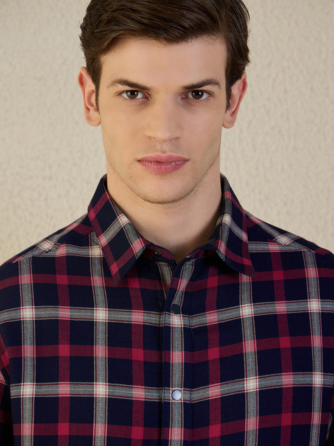 Iconic Men Navy Blue Check Pure Cotton Collared Shirt