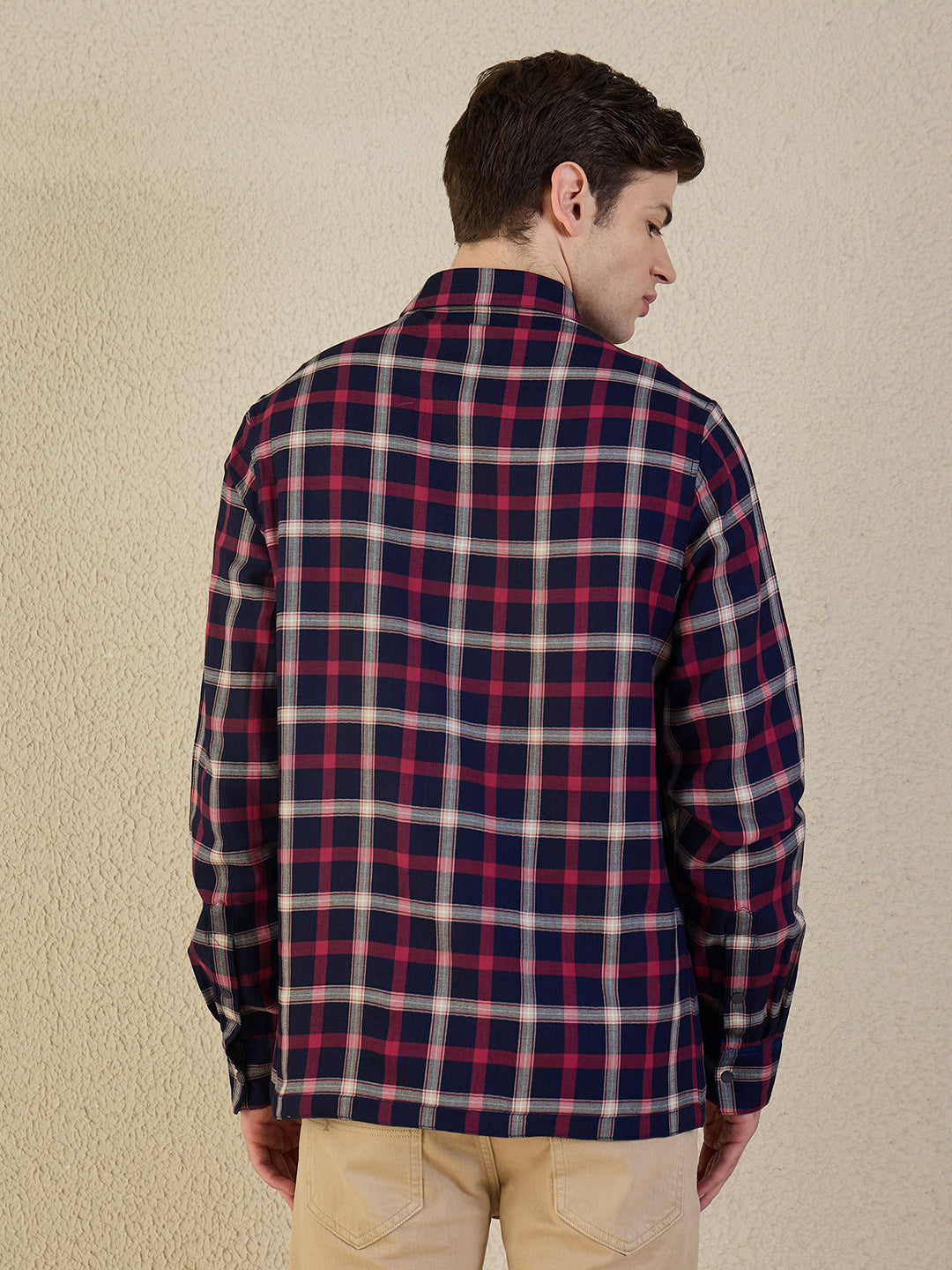 Iconic Men Navy Blue Check Pure Cotton Collared Shirt