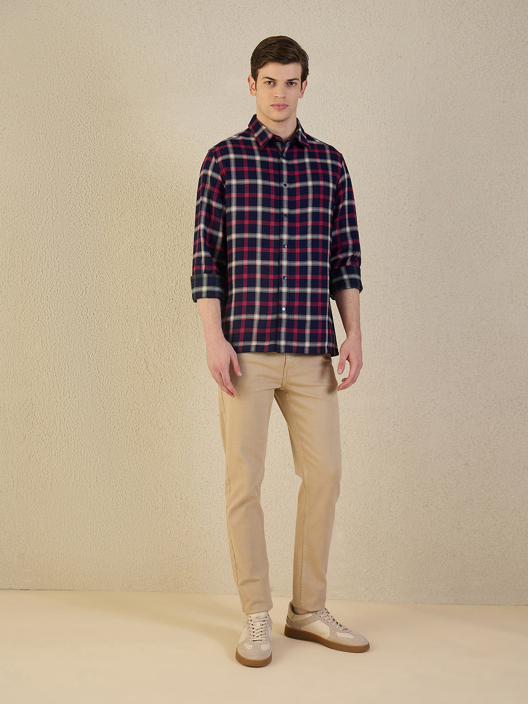 Iconic Men Navy Blue Check Pure Cotton Collared Shirt