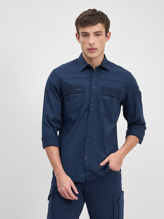 ICONIC Men Navy Blue Solid Shirt Collar Regular Fit Shirt