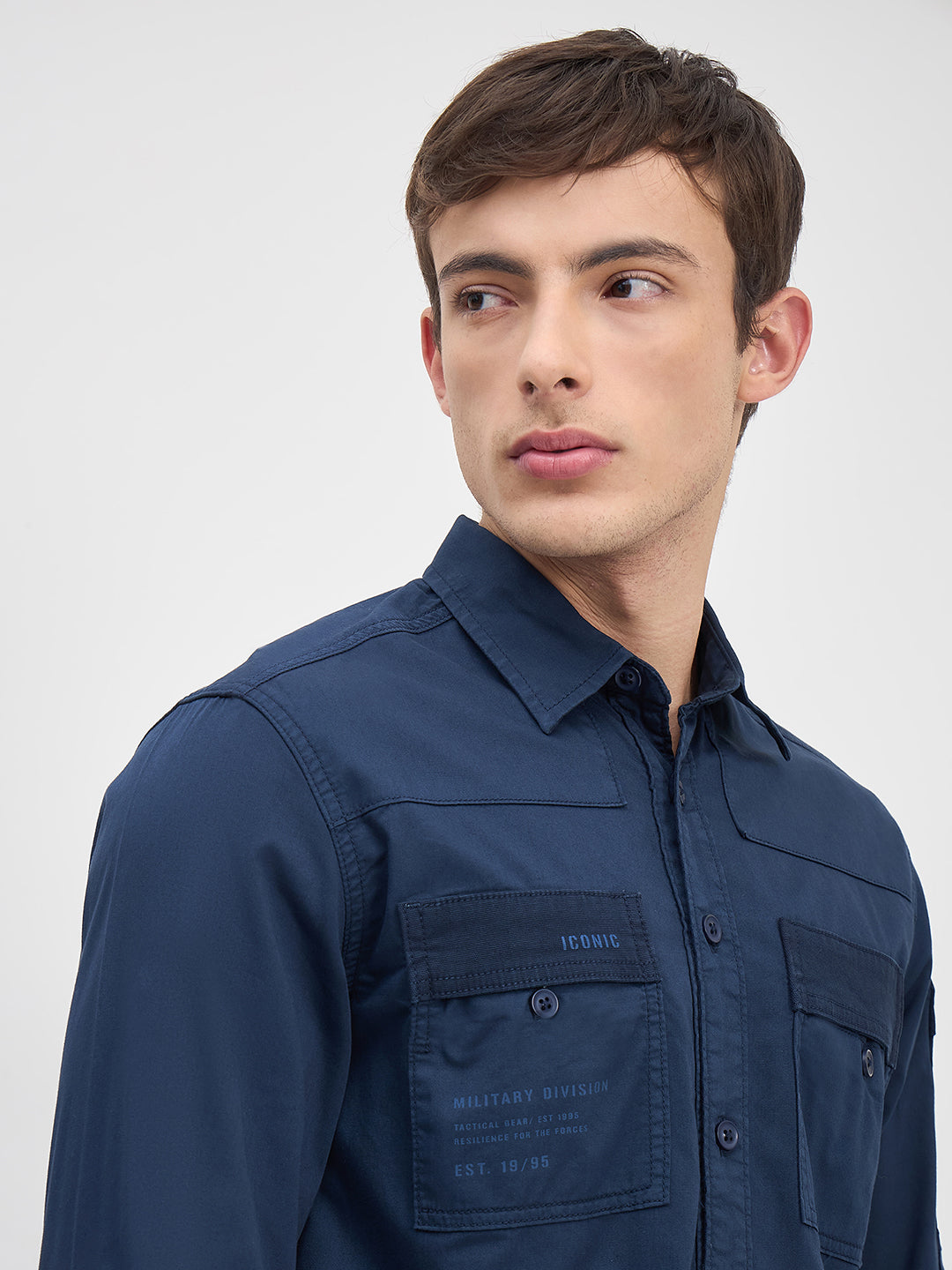 ICONIC Men Navy Blue Solid Shirt Collar Regular Fit Shirt