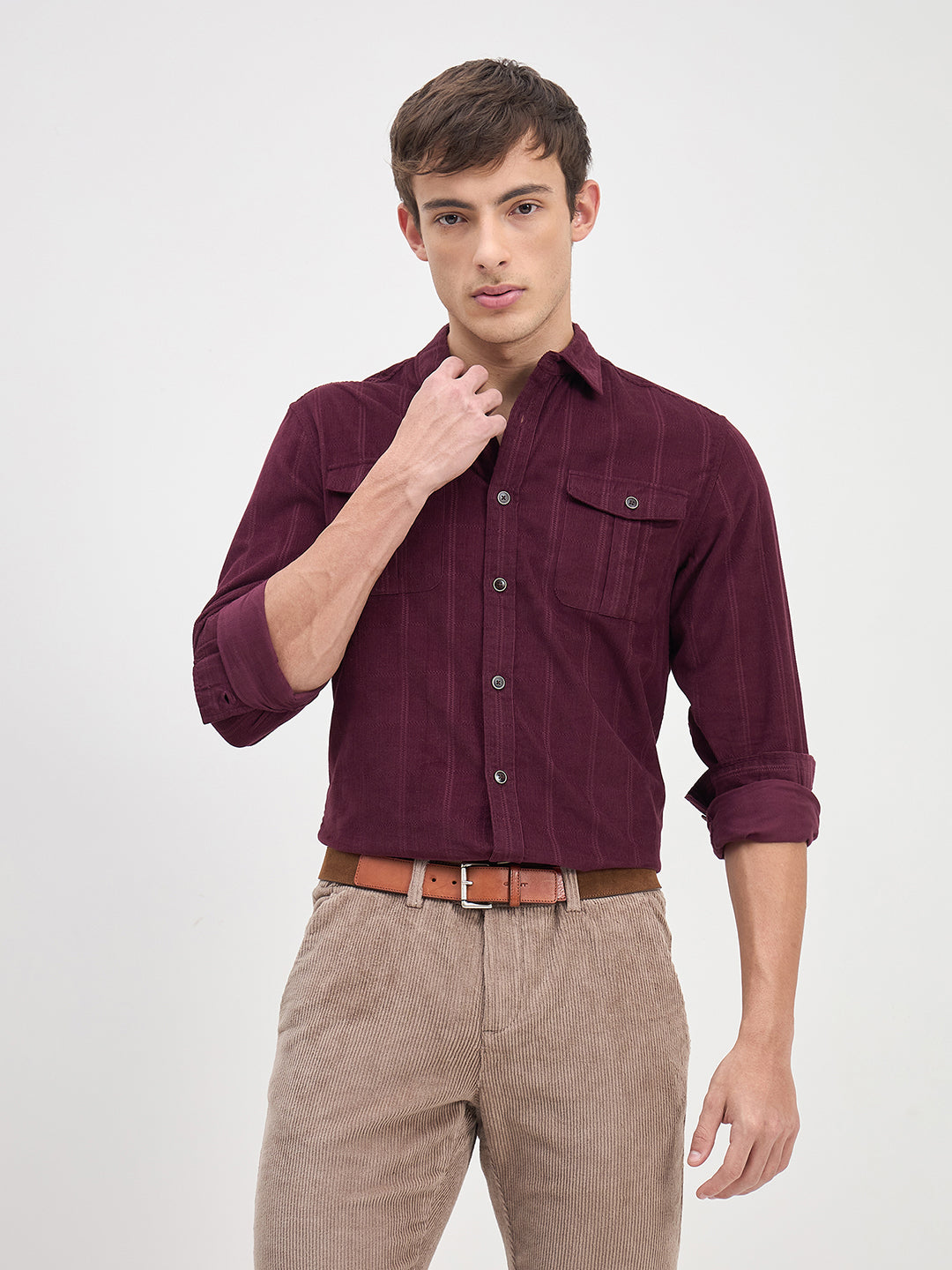 ICONIC Men Wine Stripes Shirt Collar Relaxed Fit Shirt