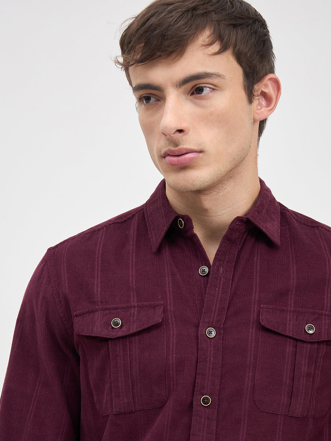 ICONIC Men Wine Stripes Shirt Collar Relaxed Fit Shirt
