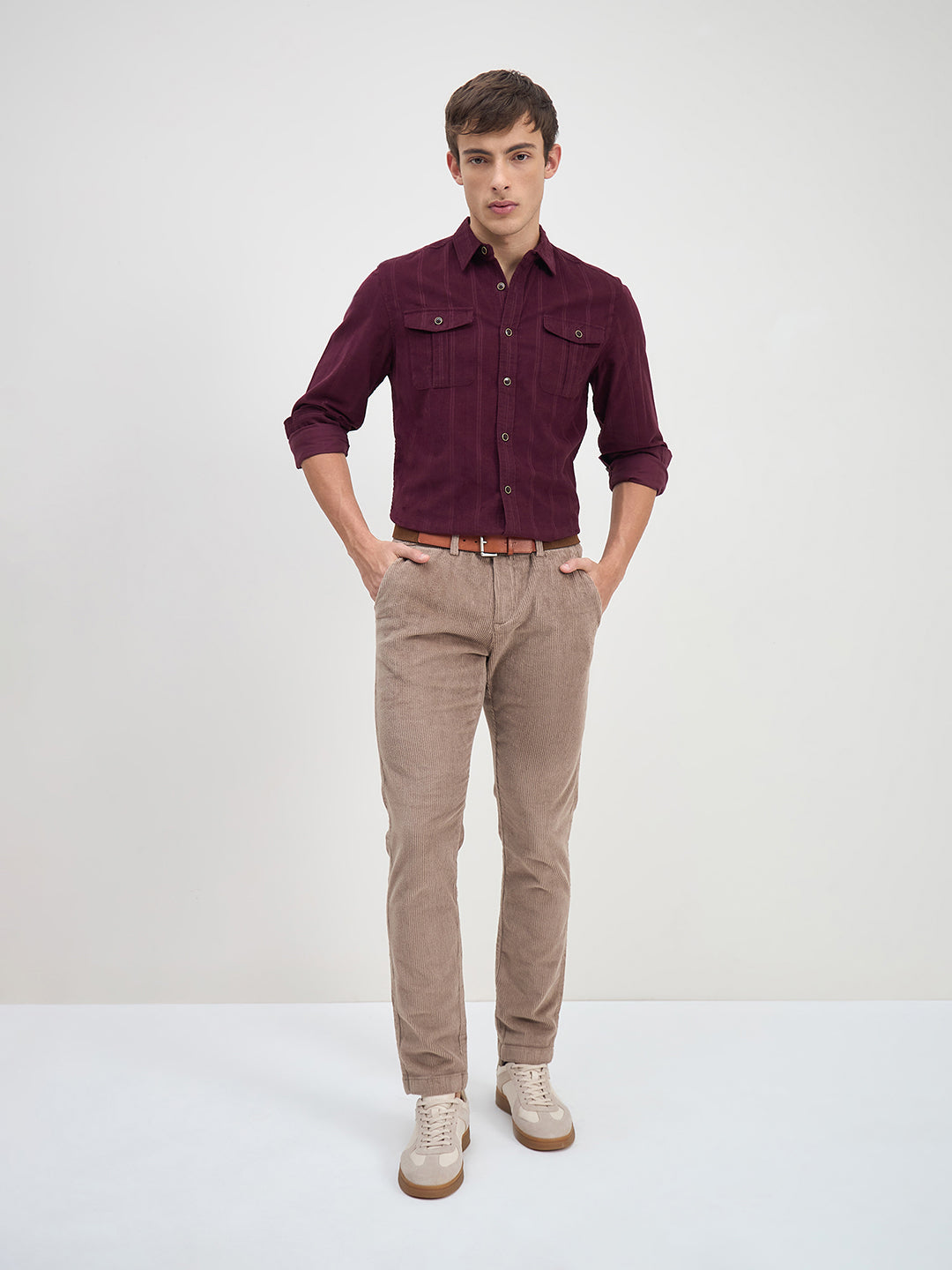 ICONIC Men Wine Stripes Shirt Collar Relaxed Fit Shirt