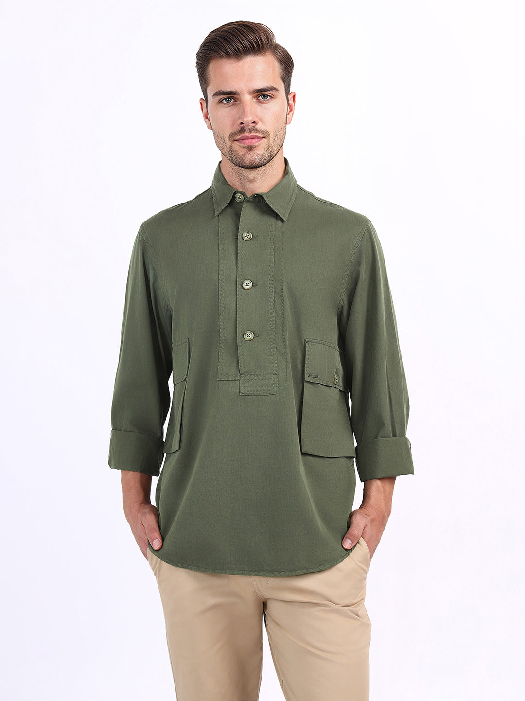 Iconic Men Green Solid Collar Shirt