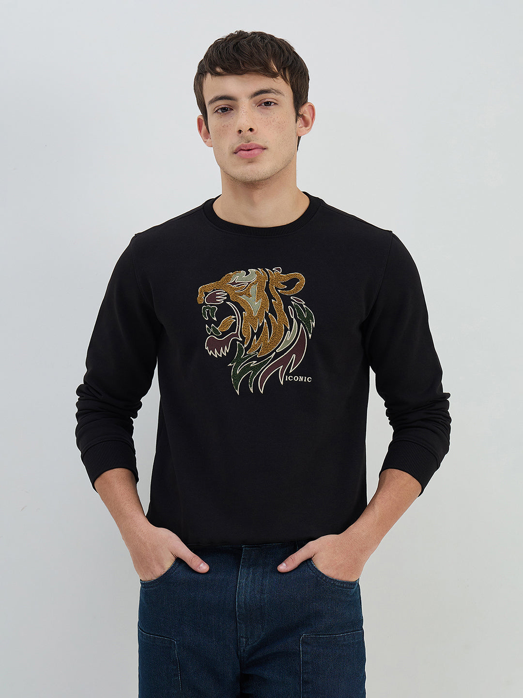 Iconic Men Black Solid Round Neck Sweatshirt