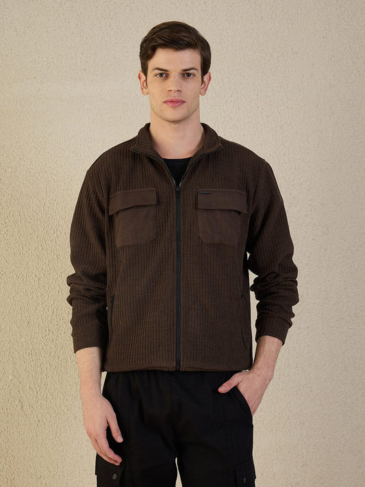 Iconic Men Brown Solid Collared Sweatshirt