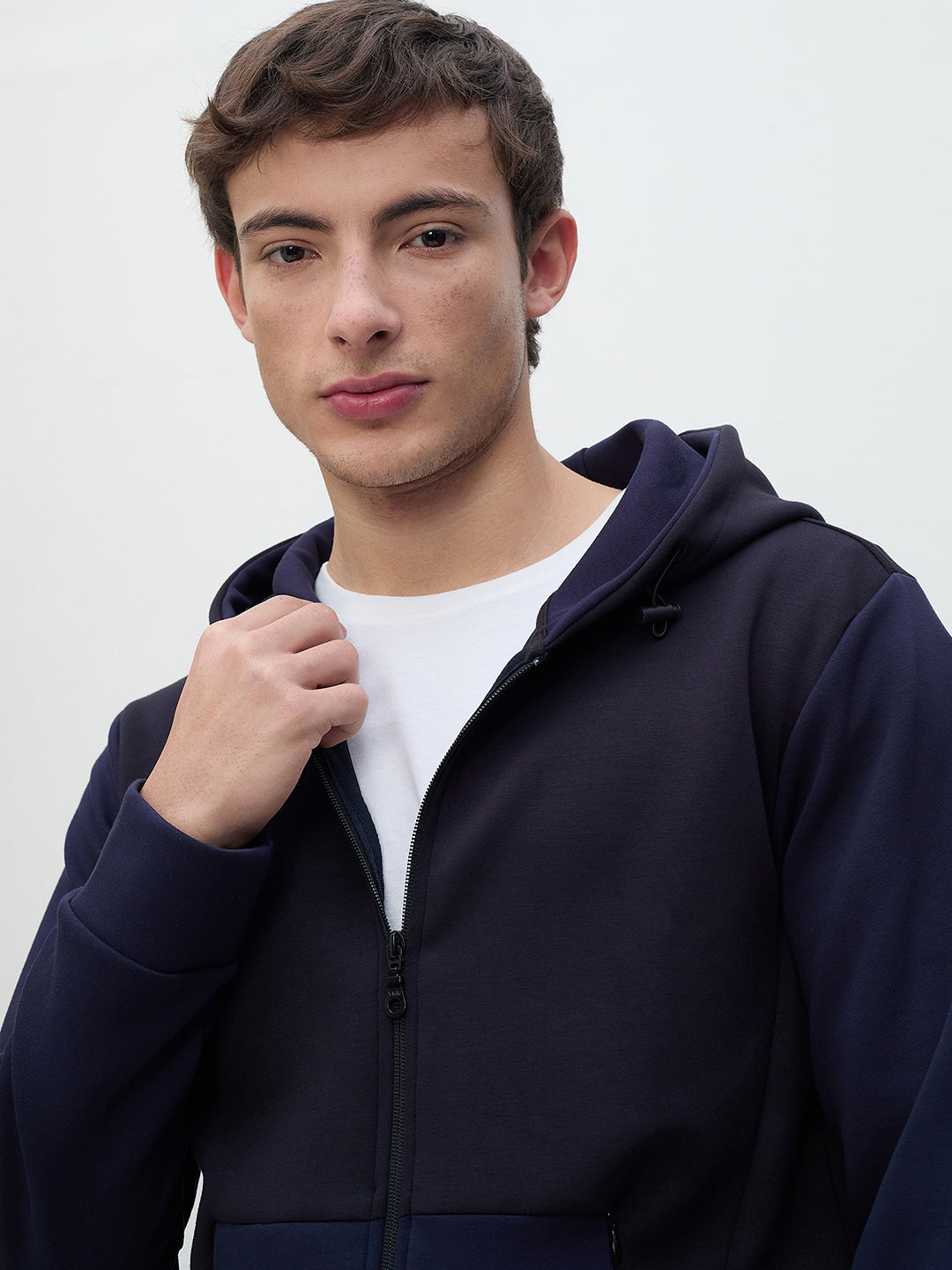 ICONIC Men Navy Blue Color Block Hooded Sweatshirt