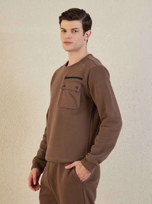 Iconic Men Brown Solid Pure Cotton Round Neck Sweatshirt