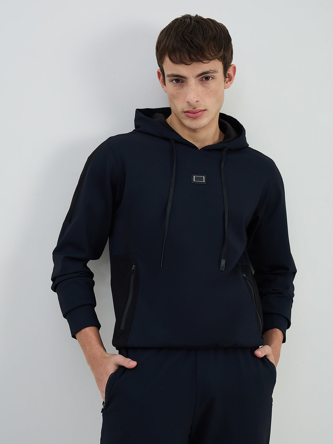 Iconic Men Navy Blue Solid Hoodie