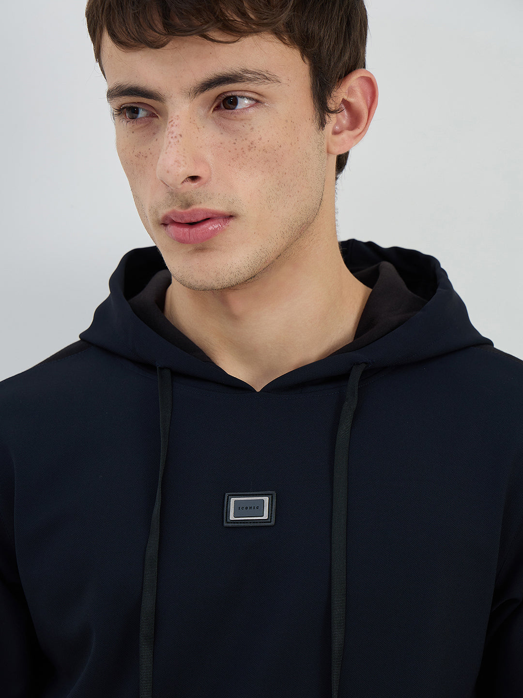 Iconic Men Navy Blue Solid Hoodie