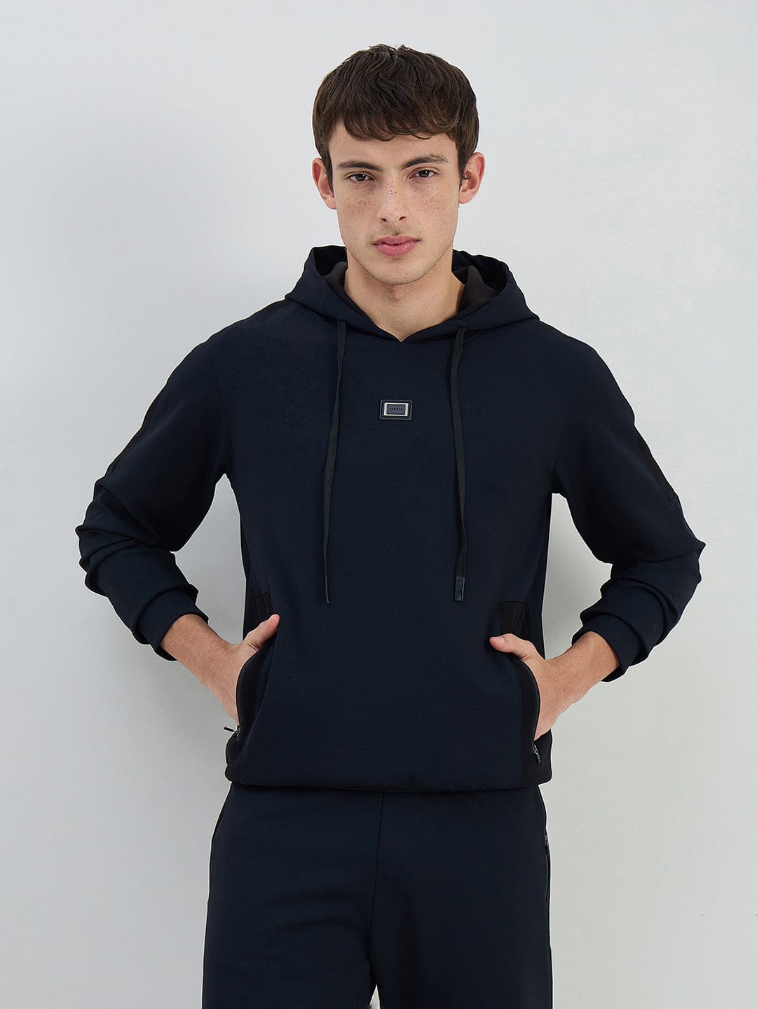 Iconic Men Navy Blue Solid Hoodie