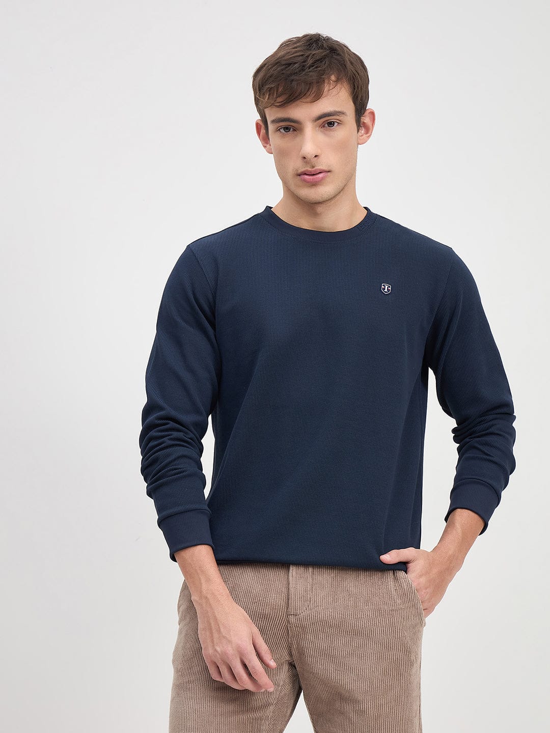 ICONIC Men Navy Blue Crew Neck Regular Fit Textured Sweatshirt
