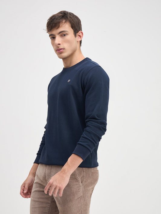 ICONIC Men Navy Blue Crew Neck Regular Fit Textured Sweatshirt
