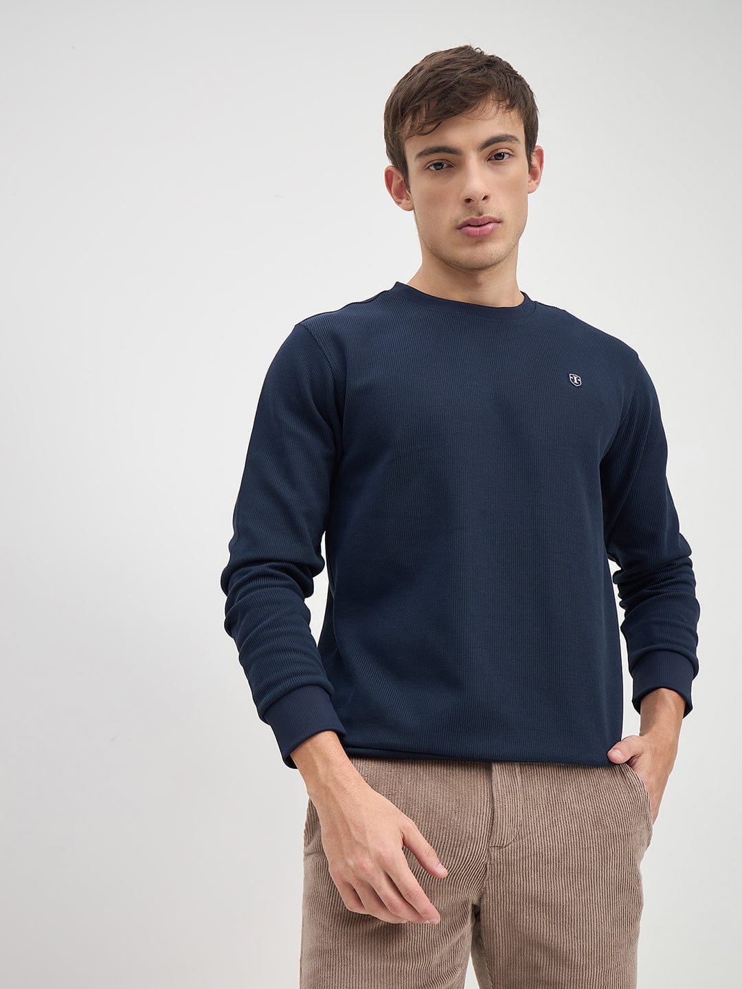 ICONIC Men Navy Blue Crew Neck Regular Fit Textured Sweatshirt