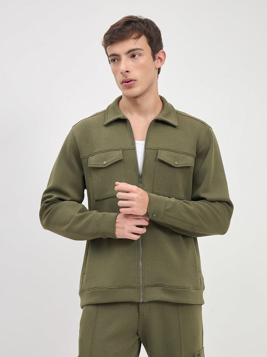 Iconic Men Green Solid Collared Sweatshirt