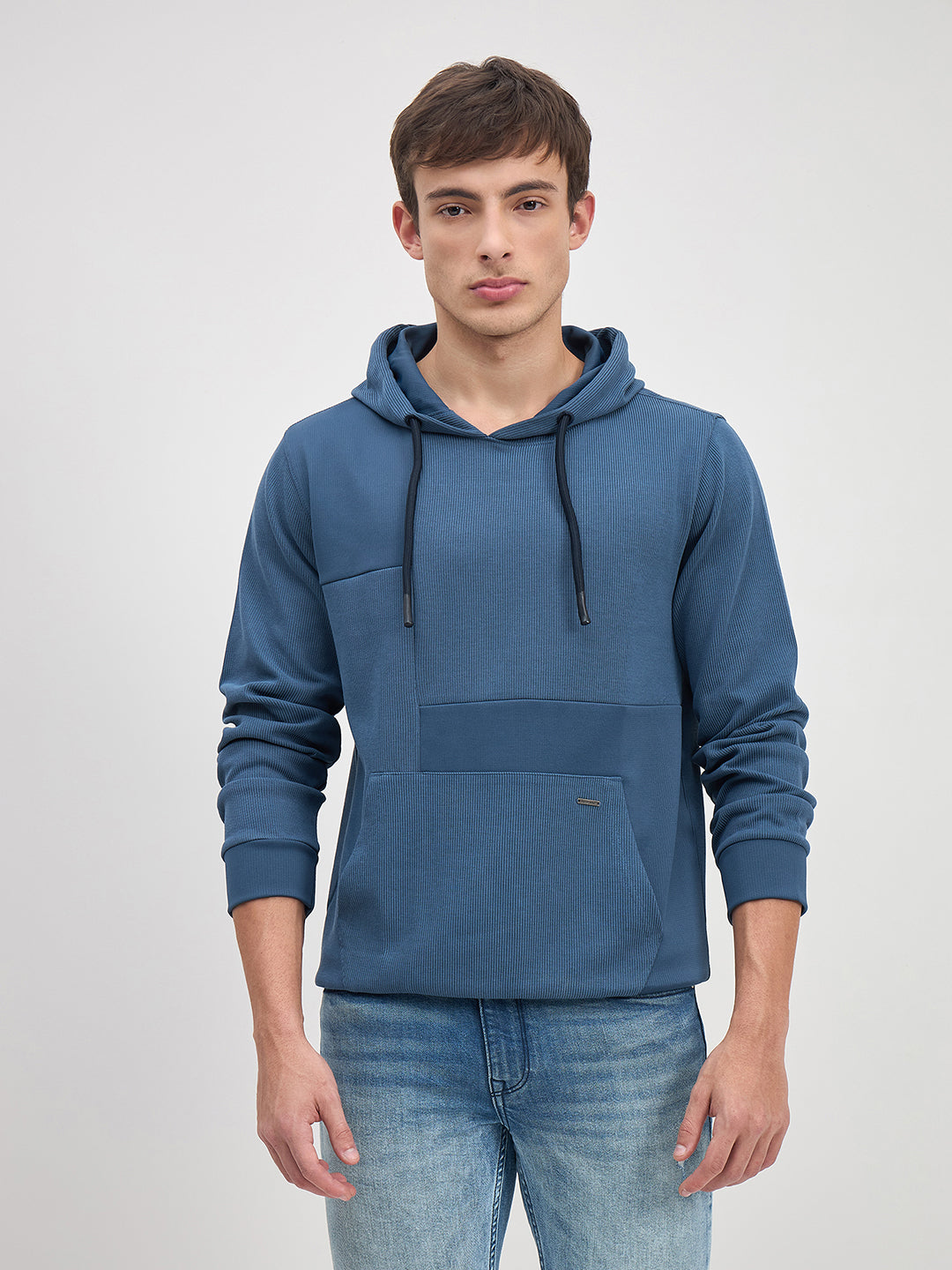 ICONIC Men Blue Hood Regular Fit Texture Sweatshirt