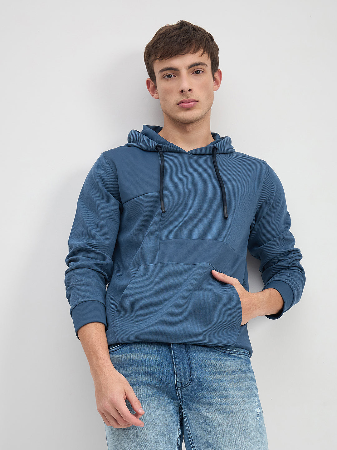 ICONIC Men Blue Hood Regular Fit Texture Sweatshirt