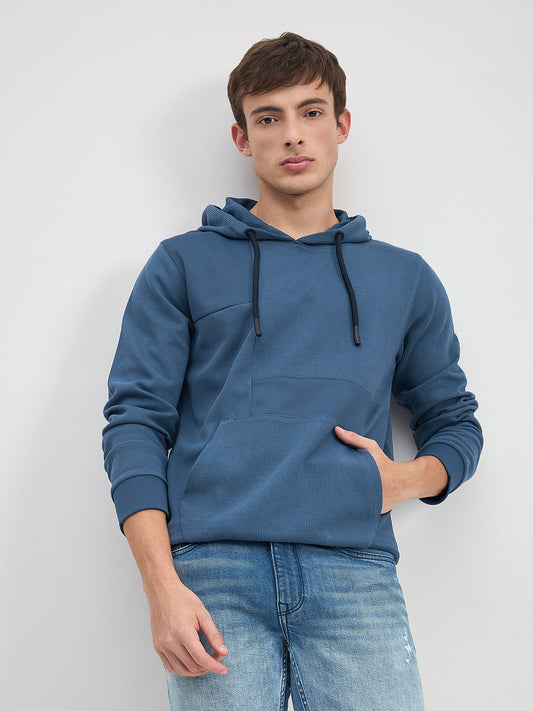 ICONIC Men Blue Hood Regular Fit Texture Sweatshirt