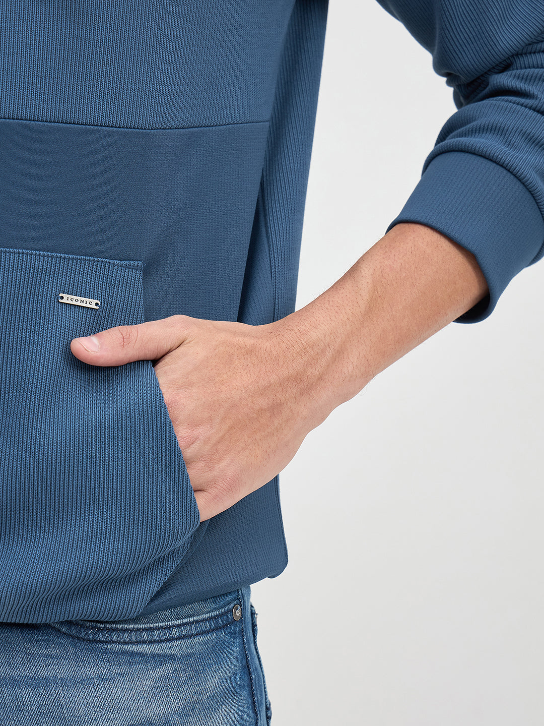 ICONIC Men Blue Hood Regular Fit Texture Sweatshirt