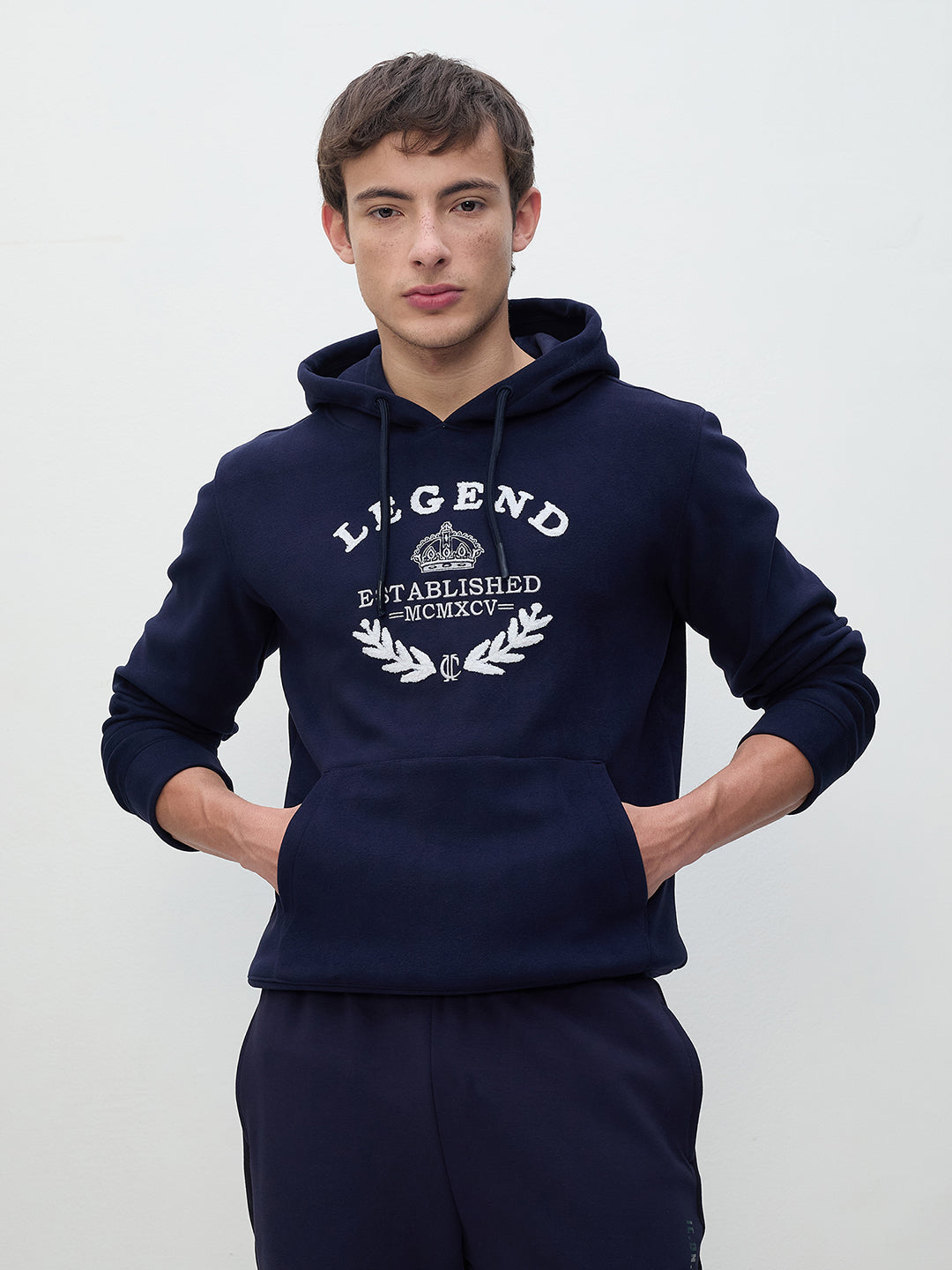 ICONIC Men Navy Blue Embroidered Regular Fit Hooded Sweatshirt