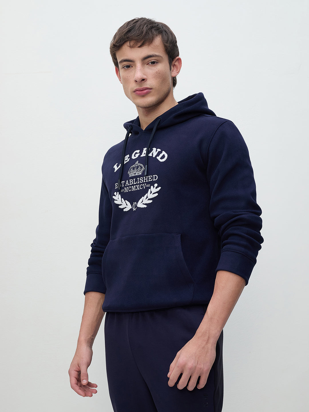 ICONIC Men Navy Blue Embroidered Regular Fit Hooded Sweatshirt