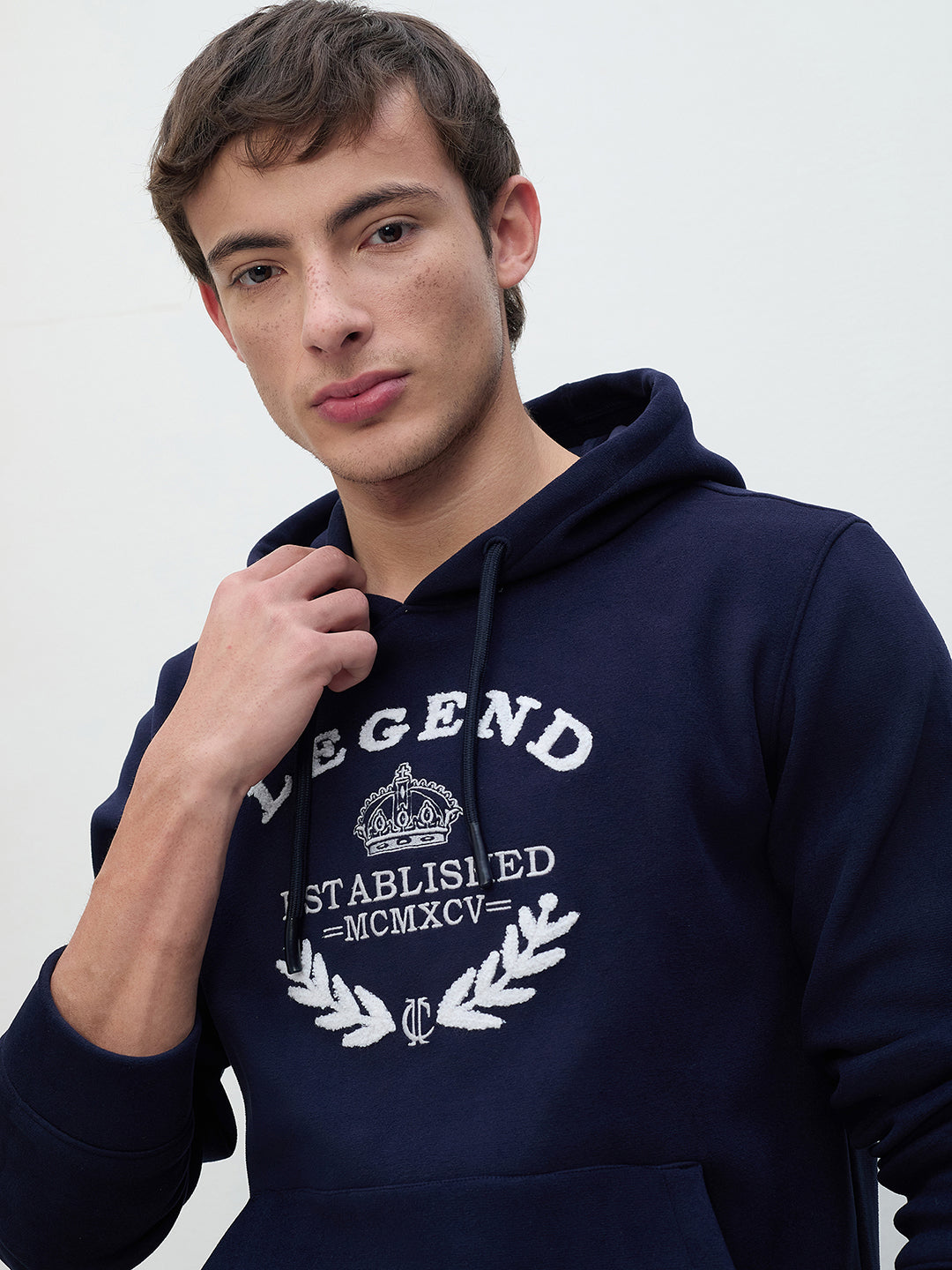 ICONIC Men Navy Blue Embroidered Regular Fit Hooded Sweatshirt