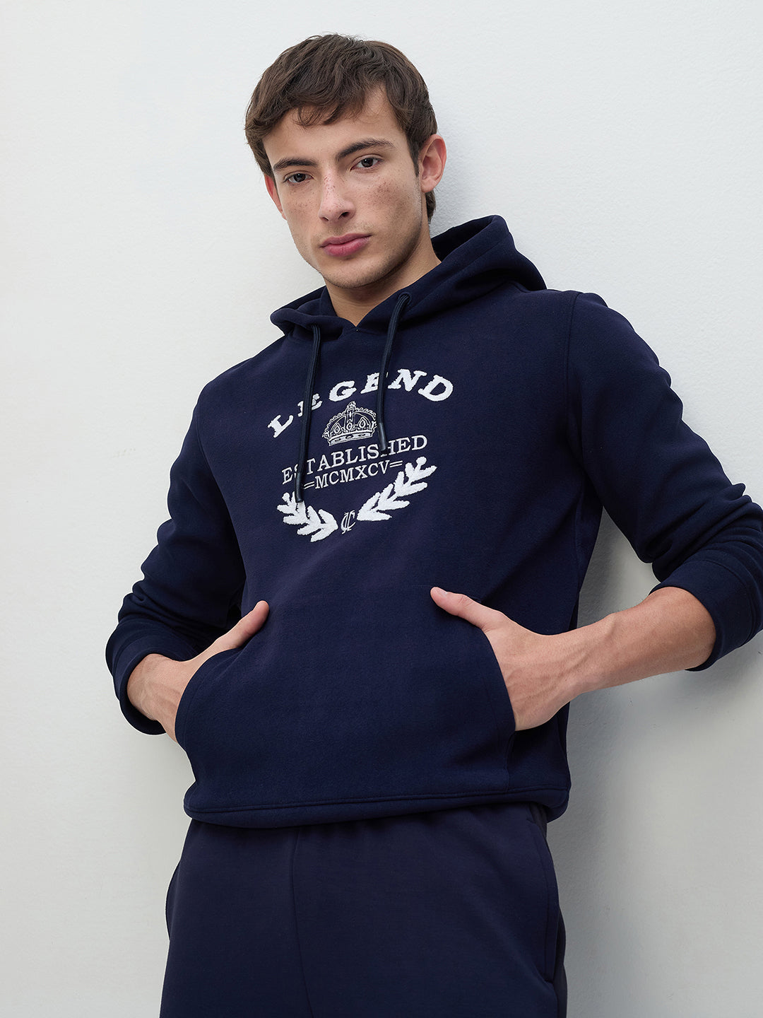 ICONIC Men Navy Blue Embroidered Regular Fit Hooded Sweatshirt