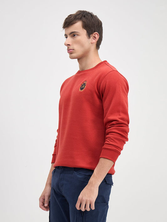 ICONIC Men Red Crew Neck Regular Fit Fleece Sweatshirt