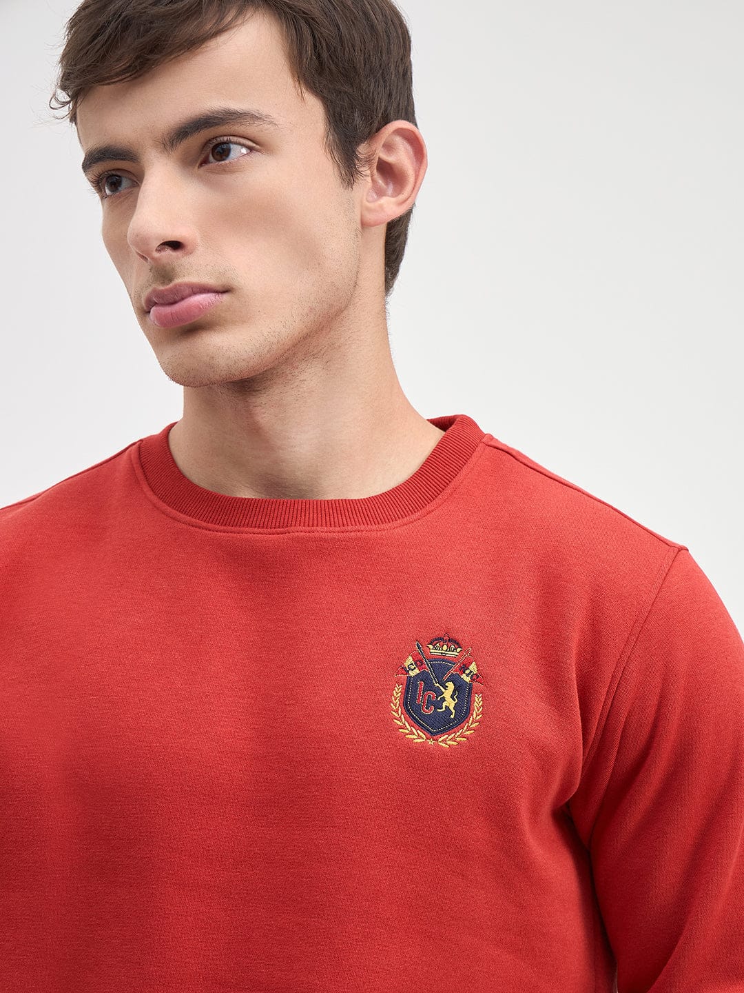 ICONIC Men Red Crew Neck Regular Fit Fleece Sweatshirt