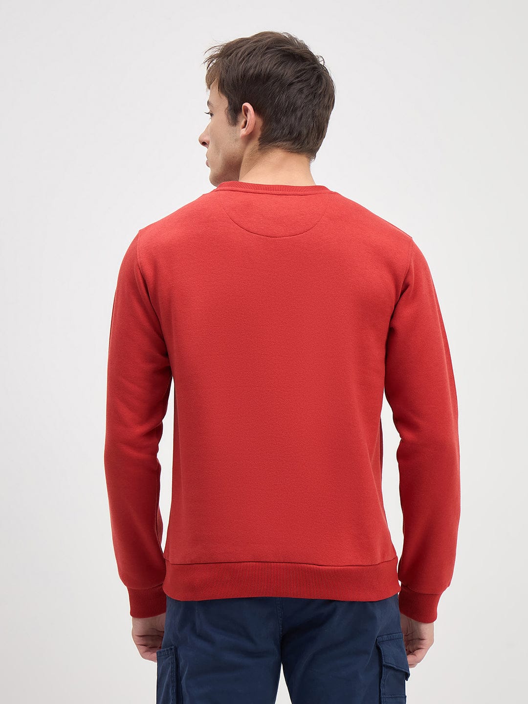 ICONIC Men Red Crew Neck Regular Fit Fleece Sweatshirt