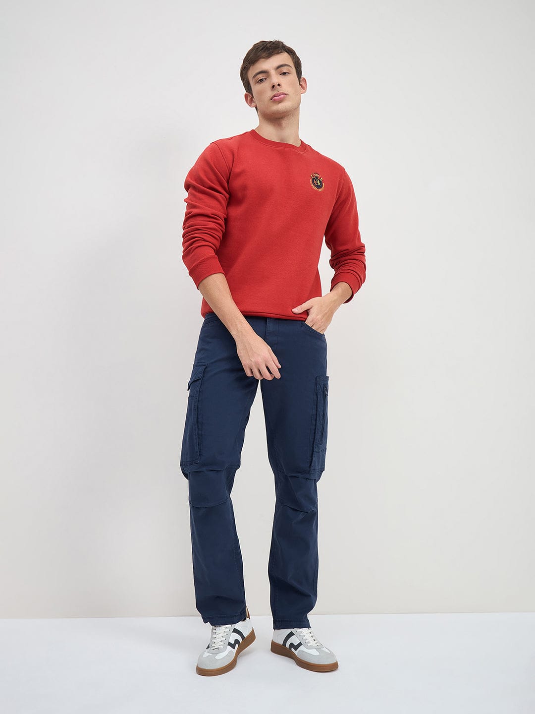 ICONIC Men Red Crew Neck Regular Fit Fleece Sweatshirt