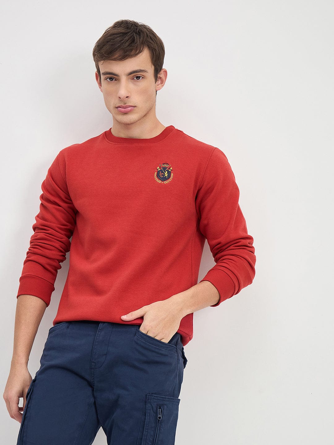ICONIC Men Red Crew Neck Regular Fit Fleece Sweatshirt