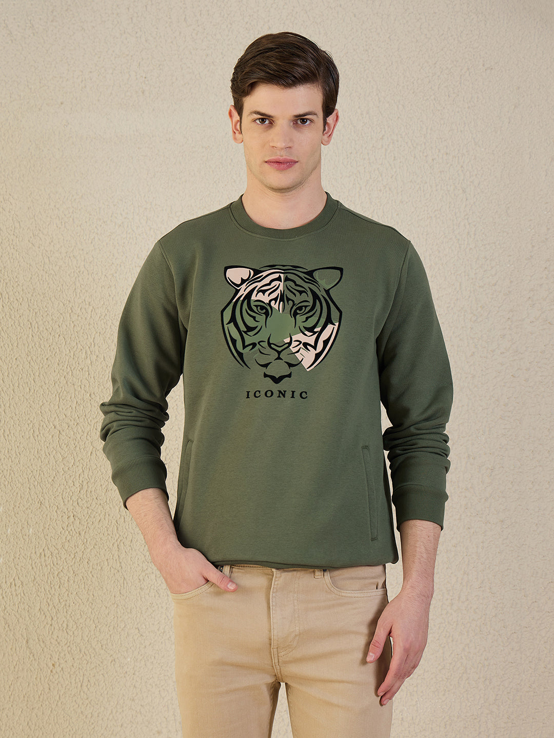 Iconic Men Green Solid Round Neck Sweatshirt